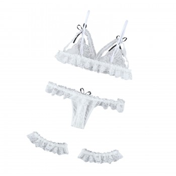  Lingerie Women Fashion White Suspender Backless See-through Lace Underwear Panties Erotic Sex Costume Two-piece Exotic Set