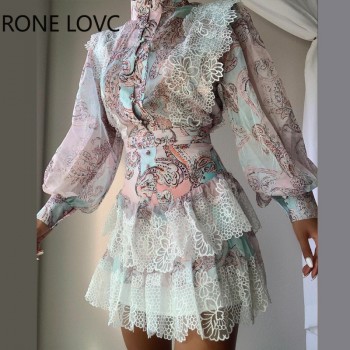 Women Chic Lantern Sleeve button Lace Hem All Over Print Mini Sweat Skirt Sets
