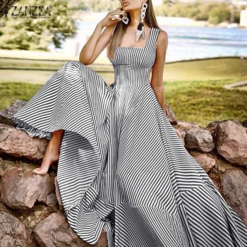  Long Maxi Dresses Womens France Elegant Tank Dress 2022 Summer Chic A Line Robe Party Striped Sleeveless Sundress