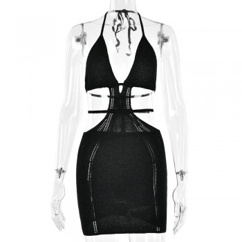 Mozision Hollow Out Halter Sexy Mini Dress for Women Black White