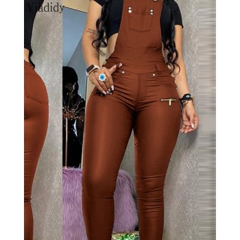 Women's Fashion PU Suspender Jumpsuit with Buckled Zipper Design