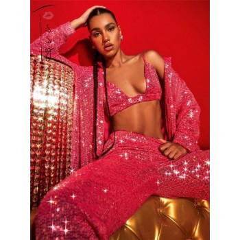 Sparkly Two-piece Set Party Outfits For Womens Sequin Top Blouse Shirt And Pants Suit 