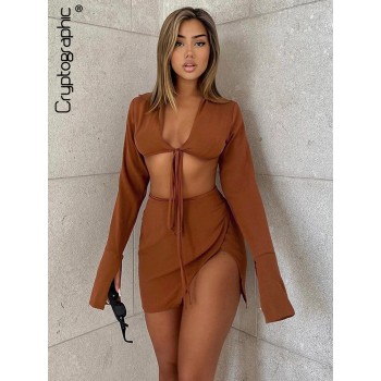 Brown Sexy Tie Front Top and Skirt Sets Women Fashion Outfits Fall Matching Set Split Skirt 