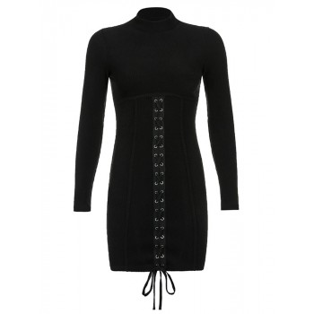 Tie Up Bandage Black Bodycon Dress Autumn Basic Long Sleeve Knitted Mini Dresses
