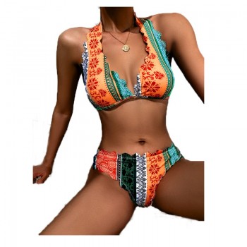 Bikini Set Print Swimsuit 2 Piece Push-Up Swimwear Beachwear Summer Swim Clothes High Waist Split Ladies