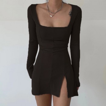 Elegant Square Neck Ribbed Black Dress Female Knitted Side Split Bodycon Dress Long Sleeve Fashion Mini
