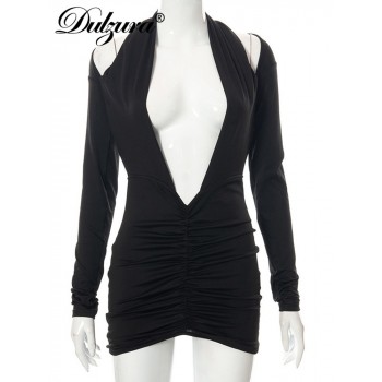 Women Long Sleeve Deep V Neck Hollow Out Ruched Mini Dress Bodycon Sexy Streetwear Party Club 