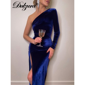 Solid Long Sleeve One Shoulder Ruched Slit Velvet Midi Dress Bodycon Sexy Party Club Elegant Evening