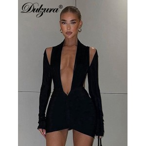 Women Long Sleeve Deep V Neck Hollow Out Ruched Mini Dress Bodycon Sexy Streetwear Party Club 