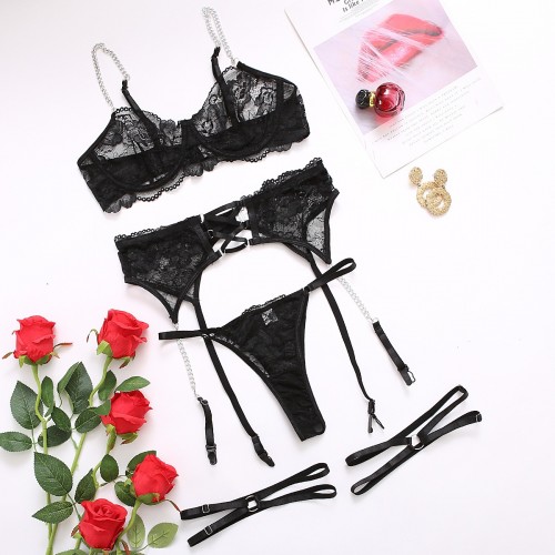 Black Lingerie Set Women See Through Robe Lace Intimate Piece Mesh