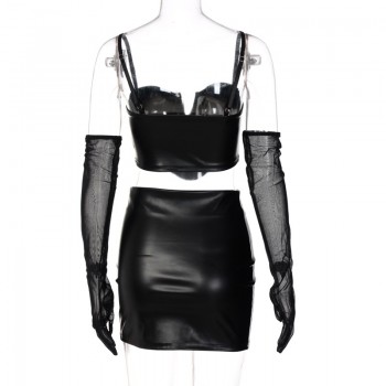  2 Two Pieces Pu Sexy V Neck Sleeveless Black Irregular Top Side Slit Mini Bodycon Fashion Skirts Sets Gloves