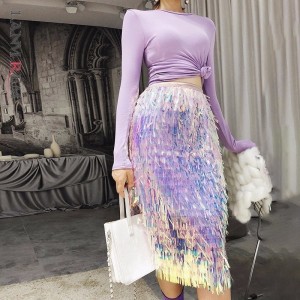 Spring Fashion New Elastic High Waist Skirts Women Sequin Tassel A-line All-match Female's Mesh Skirt 
