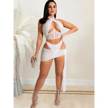 Cut-Out Crystal Skirt Set Nightclub Outfits Summer Glam Halter Neck Sequin Corset Crop Top And Laced Swimwear Set