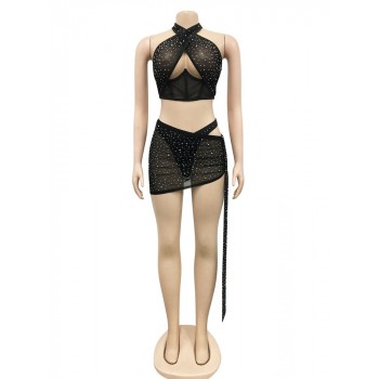 Cut-Out Crystal Skirt Set Nightclub Outfits Summer Glam Halter Neck Sequin Corset Crop Top And Laced Swimwear Set