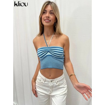 Striped Knitted Neck-Mounted Tank Tops Women Fashion Wrapped Chest Lace Up Body-Shaping