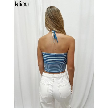 Striped Knitted Neck-Mounted Tank Tops Women Fashion Wrapped Chest Lace Up Body-Shaping