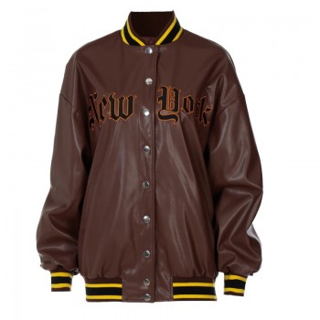 Letter Embroidery Women Long Sleeve Pu Fake Leather Baseball Jacket Brown