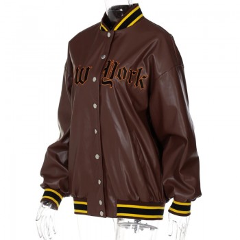 Letter Embroidery Women Long Sleeve Pu Fake Leather Baseball Jacket Brown