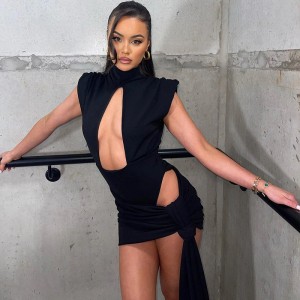 Hollow Out Sexy Y2K Bodycon Mini Dresses for Women Black
