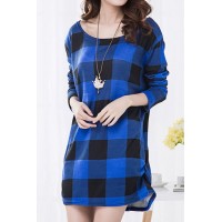 Casual Scoop Neck Long Sleeve Plaid Loose-Fitting T-Shirt For Women blue