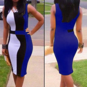 Color Block Sleeveless Scoop Neck Packet Buttock Trendy Dress For Women red blue