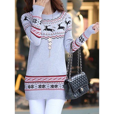 Deer Jacquard Pattern Stylish Round Neck Long Sleeve Women's Christmas Sweater gray white