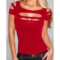 Elegant Women's Scoop Neck Hollow Out Short Sleeve T-Shirt red black gray blue