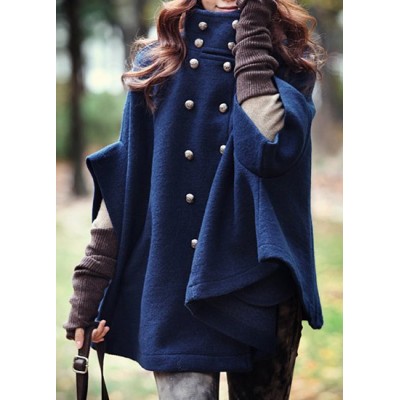 Fashionable Women's Stand Collar Double-Breasted Cape Coat blue