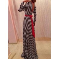 Jewel Neck Long Sleeves Striped Backless Stylish Long Dress For Women