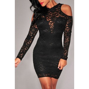 Round Neck Off-The-Shoulder Backless Long Sleeves Sexy Lace Dress For Women black