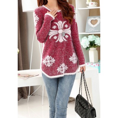 Scoop Neck Long Sleeves Print Stylish Long Sweater For Women red black