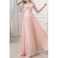Sexy Round Neck 1/2 Sleeve Spliced See-Through Dress For Women pink white