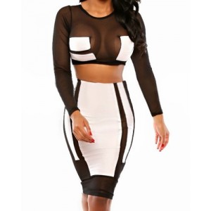 Sexy Round Neck Long Sleeve See-Through Crop Top + High-Waisted Skirt Twinset For Women white black