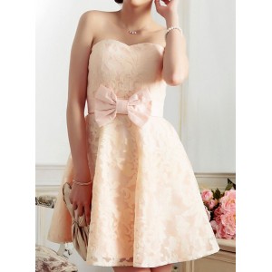 Sexy Strapless Sleeveless Bowknot Embellished Spliced Dress For Women pink blue red