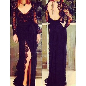 Sexy Style V-Neck Backless Solid Color Jag Lace Long Sleeve Women's Dress black