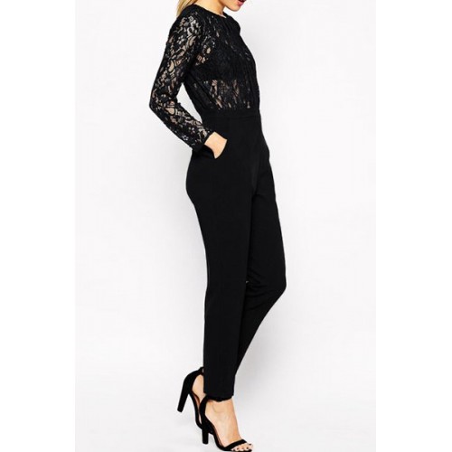 Sexy Women s Jewel Neck Long Sleeve Lace Splicing Jumpsuit black (Sexy ...
