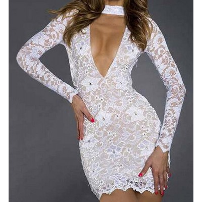 Sexy Women's Plunging Neckline Long Sleeve White Lace Dress