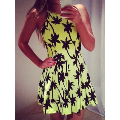 Simple Off-The-Shoulder Sleeveless Printed Dress For Women yellow plum