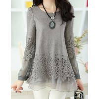 Solid Color Long Sleeve Round Collar Skirt Hem Lace Embellished T-shirt For Women gray black