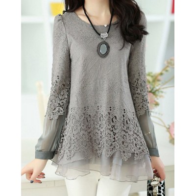 Solid Color Long Sleeve Round Collar Skirt Hem Lace Embellished T-shirt For Women gray black