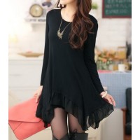 Solid Color Long Sleeve Scoop Neck Irregular Hem Chiffon Splicing Dress For Women black