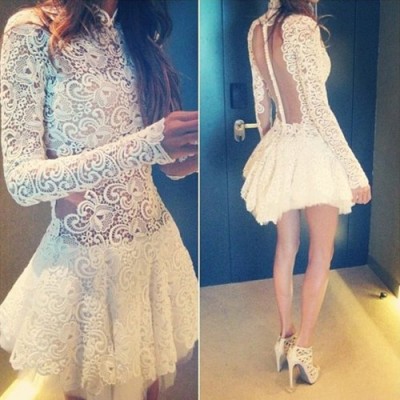 Stand Collar Long Sleeves See-Through White Elegant Lace Dress For Women white