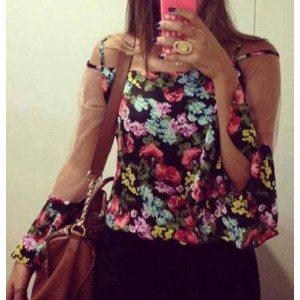 Stylish Off-The-Shoulder Long Sleeve Spliced Floral Print Blouse For Women
