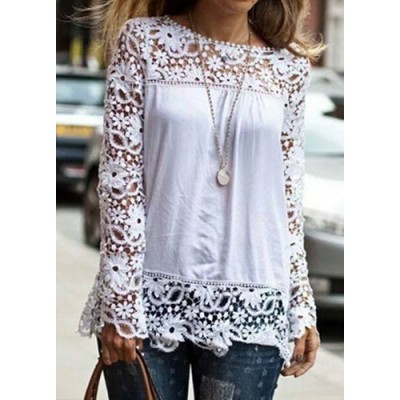 Stylish Round Neck Long Sleeve Spliced Hollow Out Blouse For Women white black blue