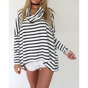 Stylish Turtle Neck Long Sleeve Striped Loose-Fitting Asymmetrical T-Shirt For Women