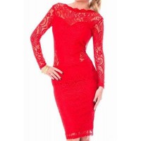 Stylish Women‘s Jewel Neck Long Sleeve Backless Lace Dress red