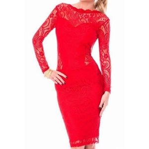 Stylish Women‘s Jewel Neck Long Sleeve Backless Lace Dress red