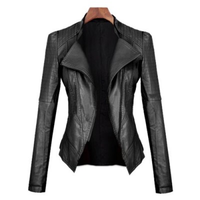 Turn-Down Collar Long Sleeves PU Leather Black Stylish Jacket For Women