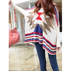Vintage V-Neck Long Batwing Sleeve Geometric Sweater For Women
