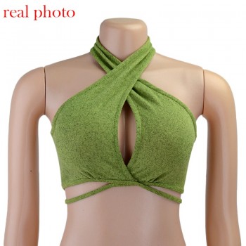 Cryptographic Green Sexy Bandage Halter Crop Tops for Women Sleeveless Backless Club Party Chic Wrap Cropped Top Slim Streetwear